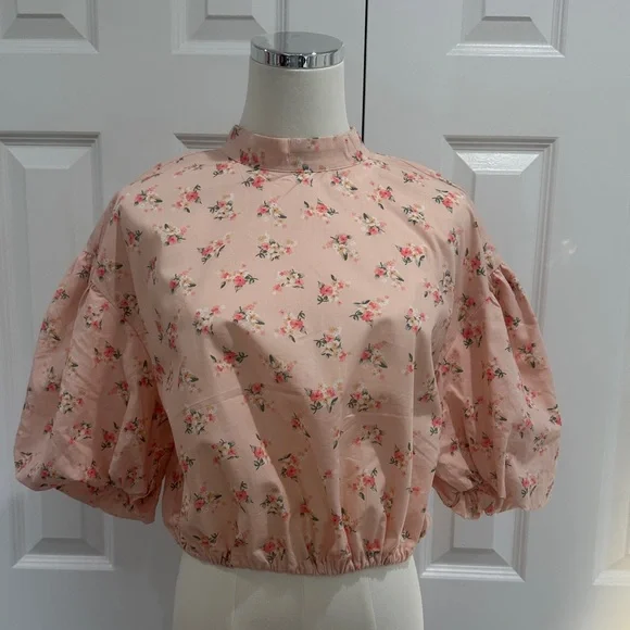 NWT Anthropology Coquette Girl Cropped Bubble Puff Sleeve Cinch Blouse Size M - Picture 1 of 11